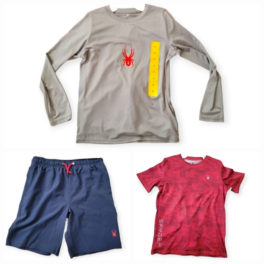 Spyder Boy's Size 7/8 Medium Swim Set Rash Guard Long Short Sleeves Trunks